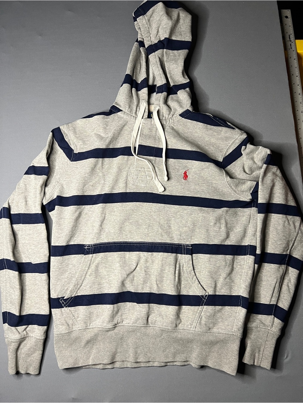 Ralph Lauren Gray & Navy Striped Hooded Sweatshirt with Red Polo Logo